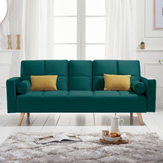 Erica Velvet Upholstered 3 Seater Fold Down Sofa Bed In Green
