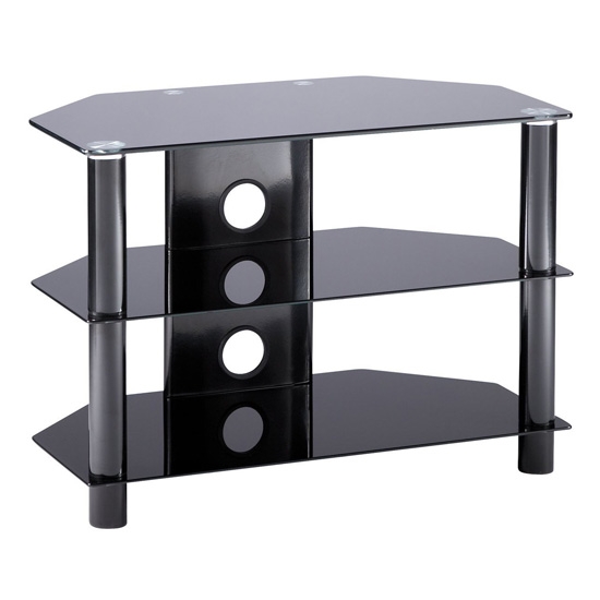 Essentials Medium Glass Tv Stand In Black With Glass Shelves