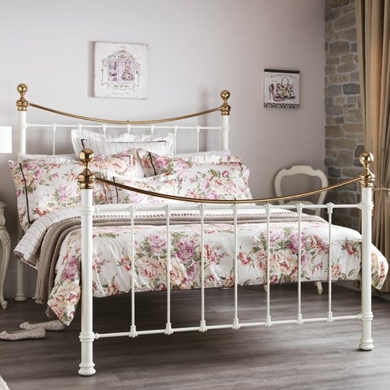 Ethan Metal Double Bed In Ivory Gloss And Brass