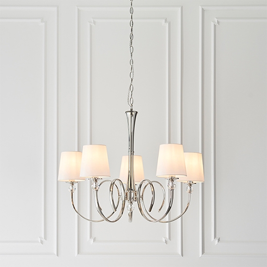 Fabia 5 Lights Ceiling Pendant Light In Polished Nickel With Vintage White Shades