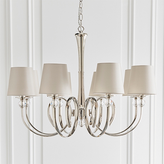 Fabia 8 Lights Ceiling Pendant Light In Polished Nickel With Marble Silk Shades
