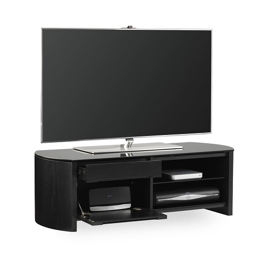 Finewoods Small Wooden Tv Stand In Black Oak With Black Glass