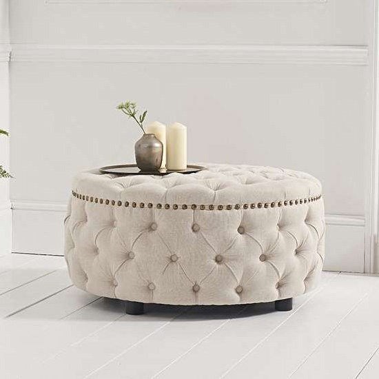Fiona Round Linen Upholstered Footstool In Cream