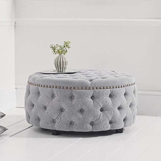 Fiona Round Linen Upholstered Footstool In Grey