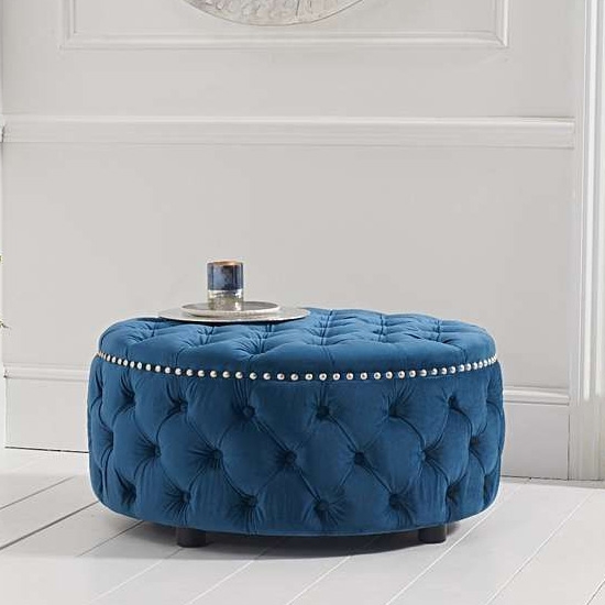 Fiona Round Velvet Upholstered Footstool In Blue