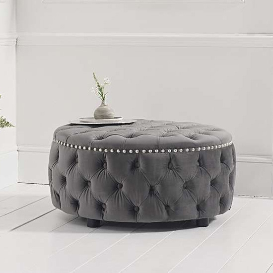 Fiona Round Velvet Upholstered Footstool In Grey