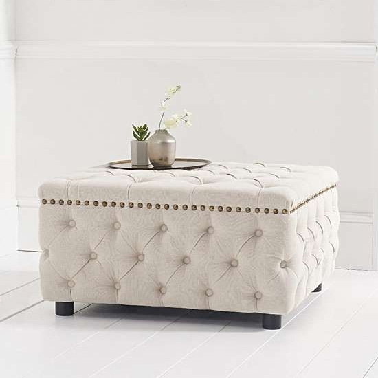 Fiona Square Linen Upholstered Footstool In Cream