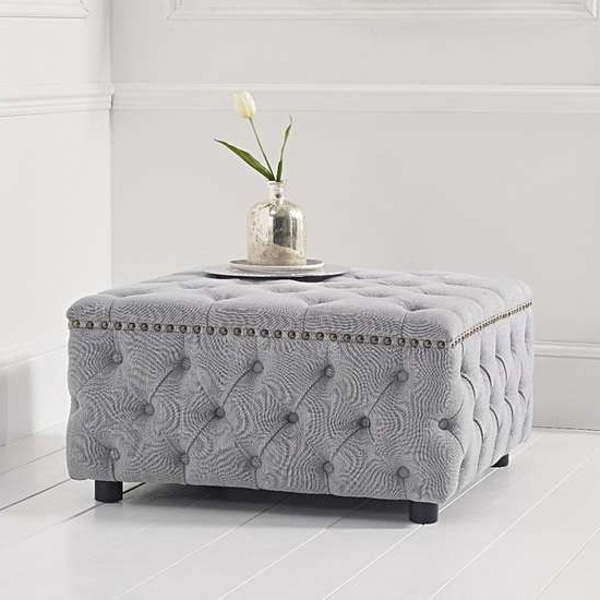 Fiona Square Linen Upholstered Footstool In Grey