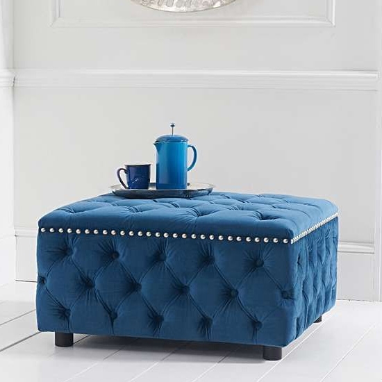 Fiona Square Velvet Upholstered Footstool In Blue