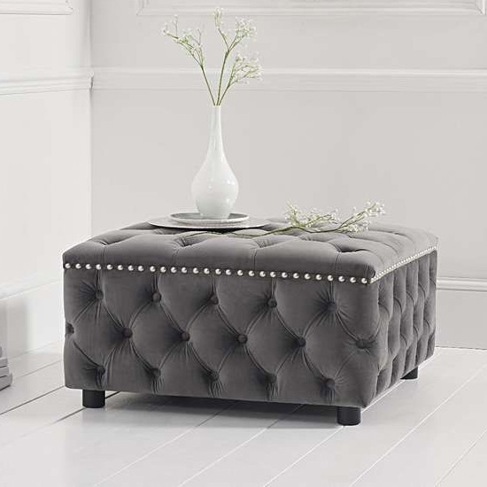 Fiona Square Velvet Upholstered Footstool In Grey