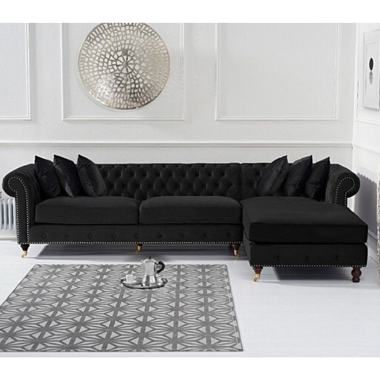 Fiona Velvet Right Facing Chesterfield Corner Chaise Sofa In Black
