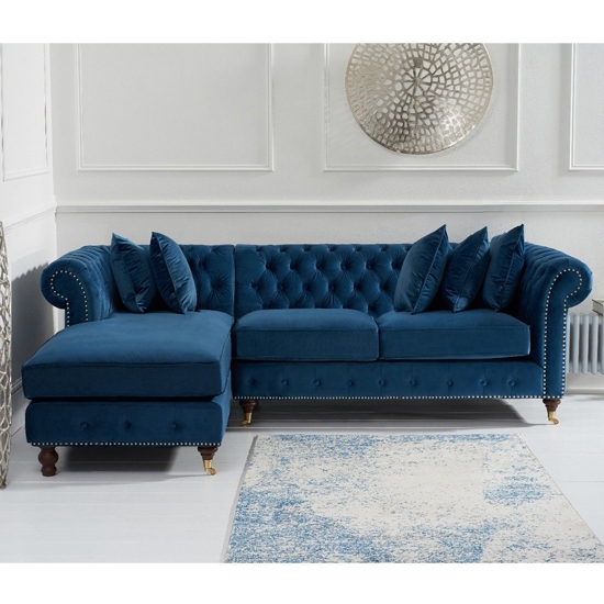 Fiona Velvet Upholstered Left Facing Chaise Corner Sofa In Blue