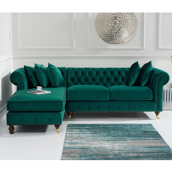 Fiona Velvet Upholstered Left Facing Chaise Corner Sofa In Green