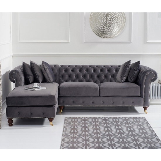 Fiona Velvet Upholstered Left Facing Chaise Corner Sofa In Grey