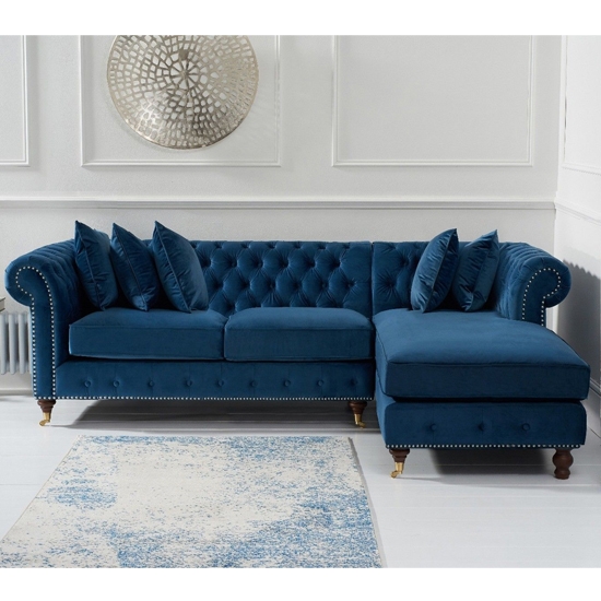 Fiona Velvet Upholstered Right Facing Chaise Corner Sofa In Blue