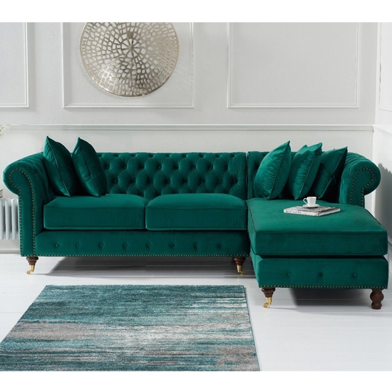 Fiona Velvet Upholstered Right Facing Chaise Corner Sofa In Green