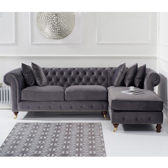 Fiona Velvet Upholstered Right Facing Chaise Corner Sofa In Grey