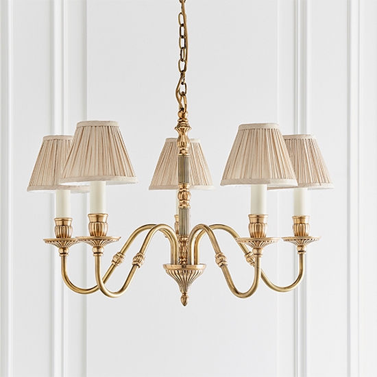 Fitzroy 5 Lights Beige Shades Ceiling Pendant Light In Solid Brass