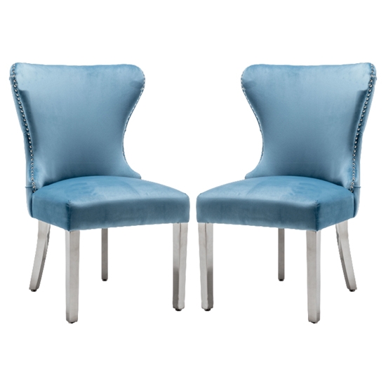 Florence Button Back Blue Velvet Upholstered Dining Chairs In Pair