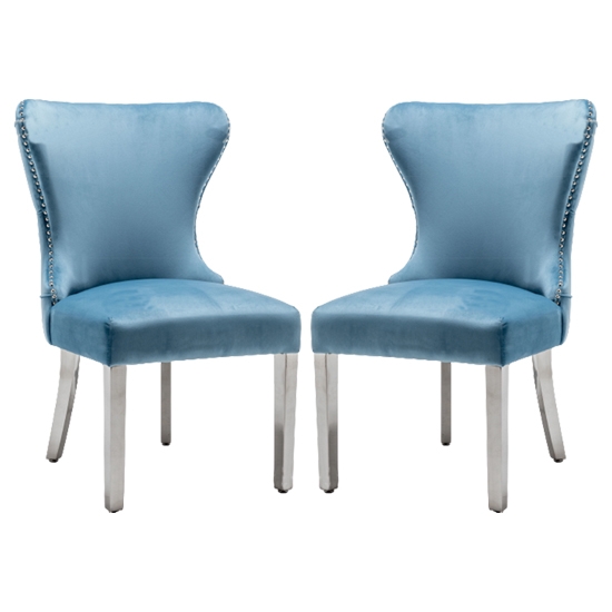 Florence Button Back Blue Velvet Upholstered Dining Chairs In Pair