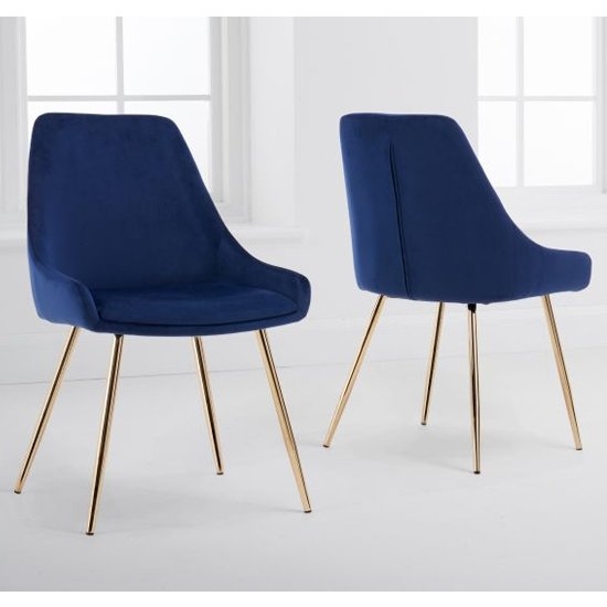 Florida Blue Velvet Dining Chairs In Pair With Gold Legs