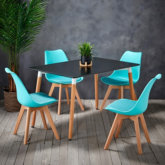 Fraser Wooden Dining Table In Black With 4 Louvre Aqua Chairs