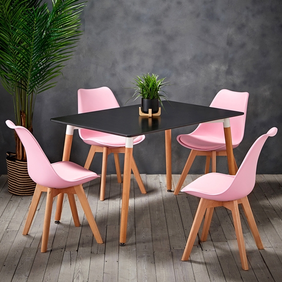 Fraser Wooden Dining Table In Black With 4 Louvre Baby Pink Chairs