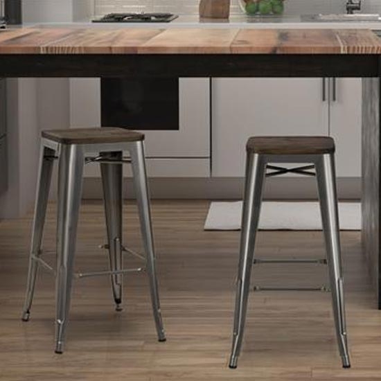 Fusion Antique Gun Metal Backless Bar Stools In Pair With Wooden Seat