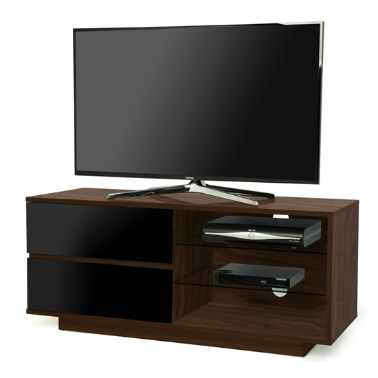 Gallus Wooden Tv Stand In Walnut With 2 Black Drawers