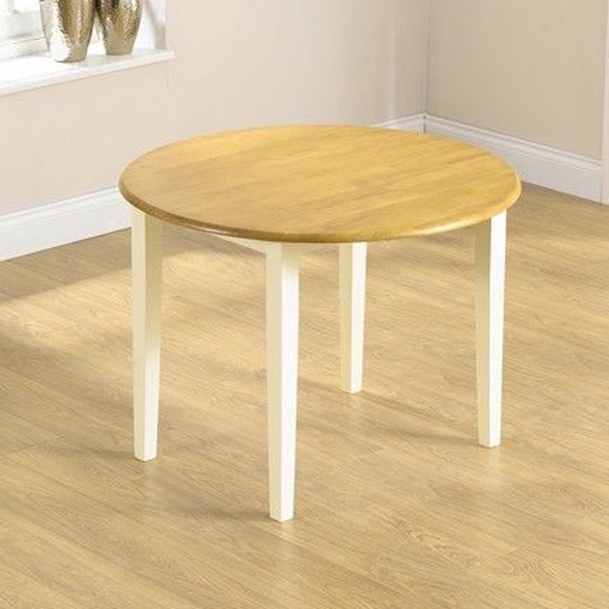 Genovia Drop Leaf Extending Round Dining Table In Oak And Cream