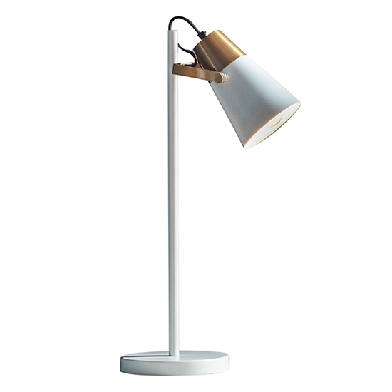 Gerik Task Table Lamp In White With Aged Brass Details