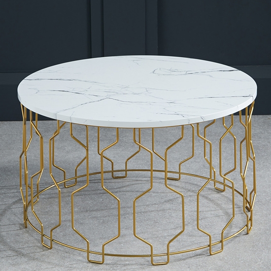 Grace Round Wooden Coffee Table In White Marble Effect