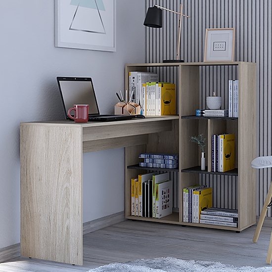 Harvard Corner Wooden Computer Desk With Bookcase In Washed Oak