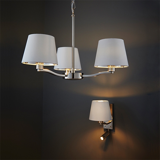 Harvey Vintage White Fabric Shades 3 Lights Ceiling Pendant Light In Bright Nickel