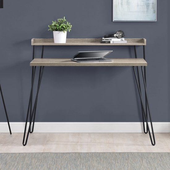 Haven Wooden Retro Laptop Desk With Riser In Distressed Grey Oak