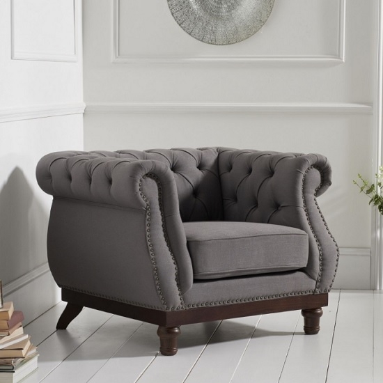 Highgrove Linen Fabric Upholstered Armchair In Grey