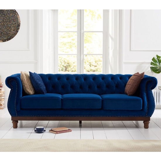 Highgrove Plush Fabric Upholstered Fabric 3 Seater Sofa In Blue