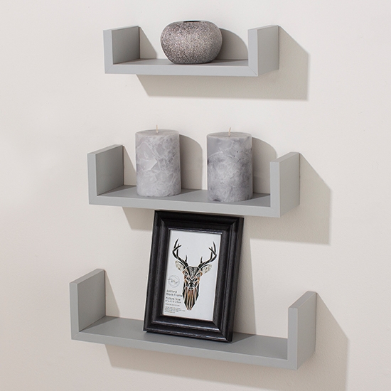 Hudson Wooden Set Of 3 Floating U Shape Wall Shelves In Light Grey
