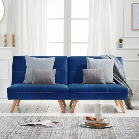 Izzy Velvet Upholstered 3 Seater Fold Down Sofa Bed In Blue