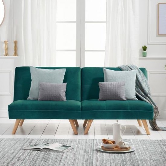 Izzy Velvet Upholstered 3 Seater Fold Down Sofa Bed In Green