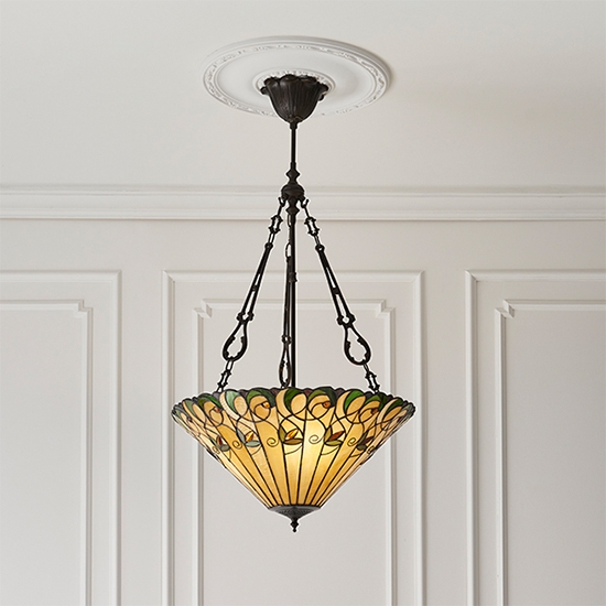 Jamelia Large Inverted 3 Lights Tiffany Glass Ceiling Pendant Light In Dark Bronze