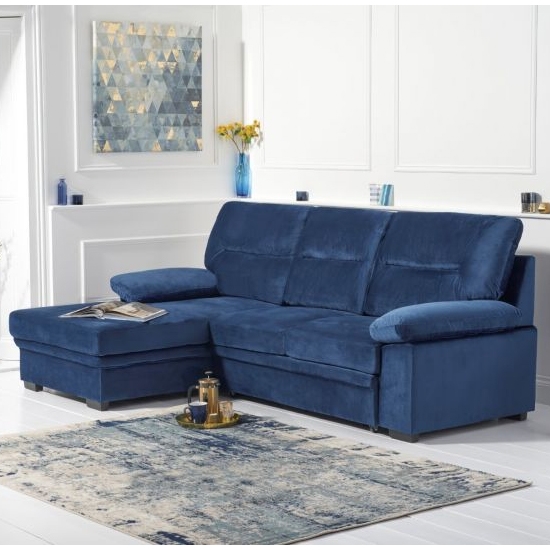 Jennifer Velvet Upholstered Left Hand Facing Corner Sofa Bed In Blue