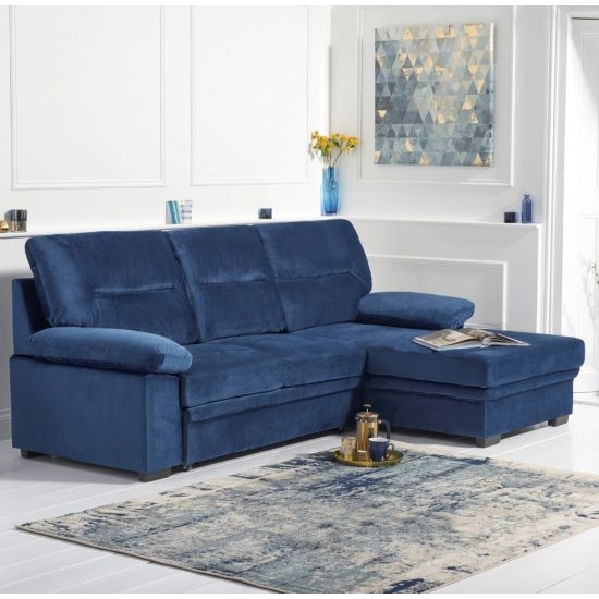 Jennifer Velvet Upholstered Right Hand Facing Corner Sofa Bed In Blue