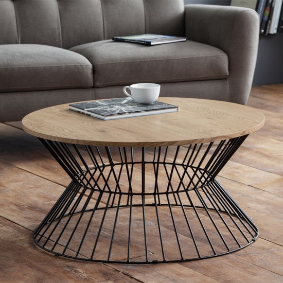 Jersey Round Wire Wooden Coffee Table In Oak