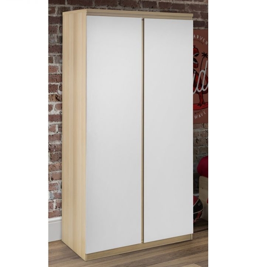 Jupiter Wooden 2 Doors Wardrobe In White High Gloss And Oak