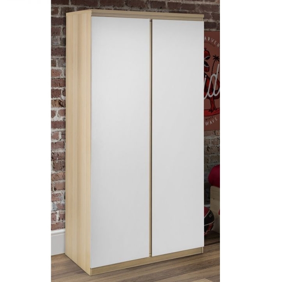 Jupiter Wooden 2 Doors Wardrobe In White High Gloss And Oak