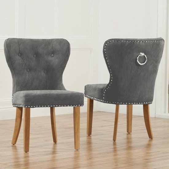Kalim Dark Grey Plush Fabric Studded Dining Chairs In Pair
