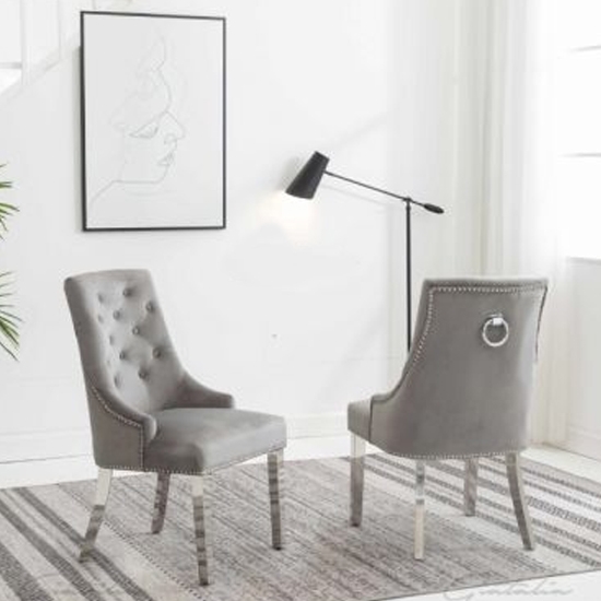Knightsbridge Knocker Light Grey Velvet Upholstered Dining Chairs In Pair