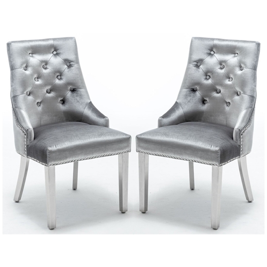 Knightsbridge Knocker Back Shimmer Grey Velvet Dining Chair In Pair