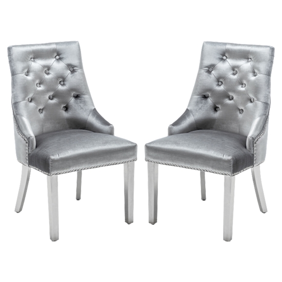 Knightsbridge Knocker Shimmer Grey Velvet Upholstered Dining Chairs In Pair